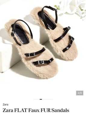 Zara Black Strappy Sandals with Beige Faux Fur